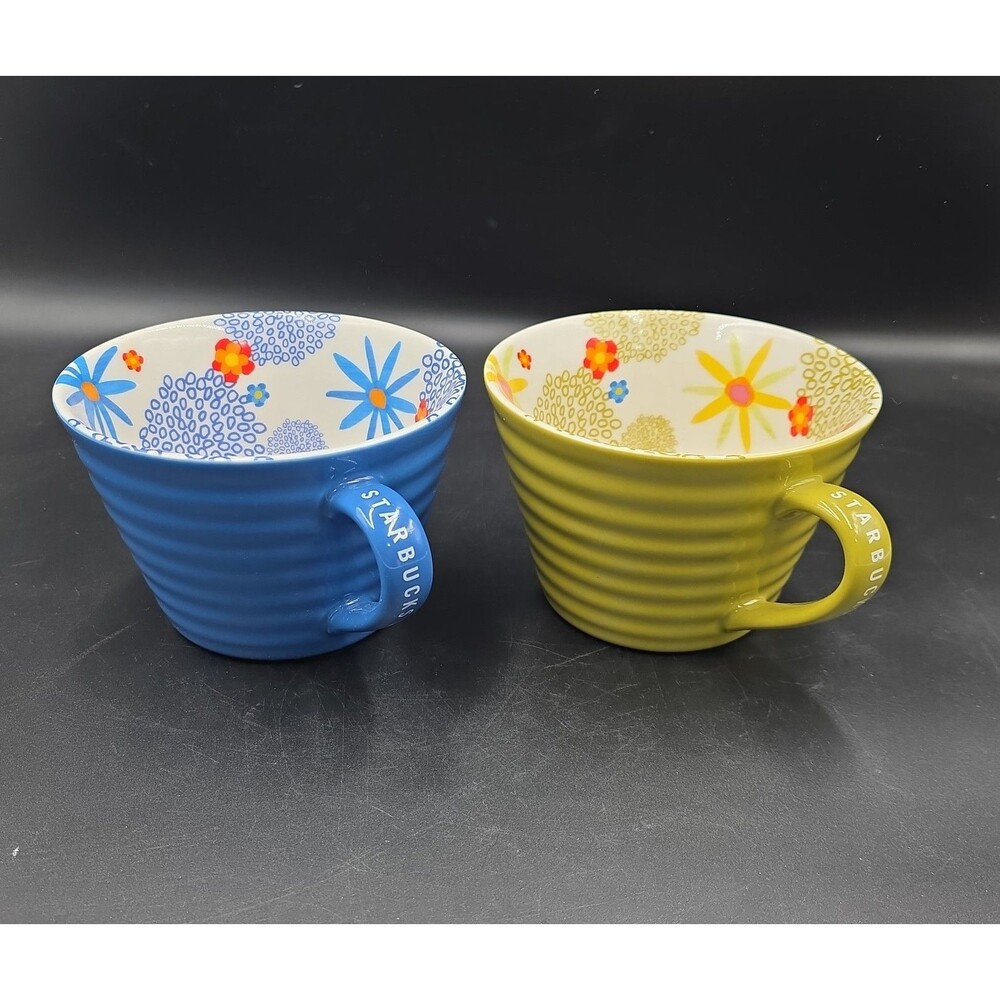 Starbucks 2007 Ribbed Coffee Mugs Blue & Green 12 Oz Cup Floral Flower Set Of 2
